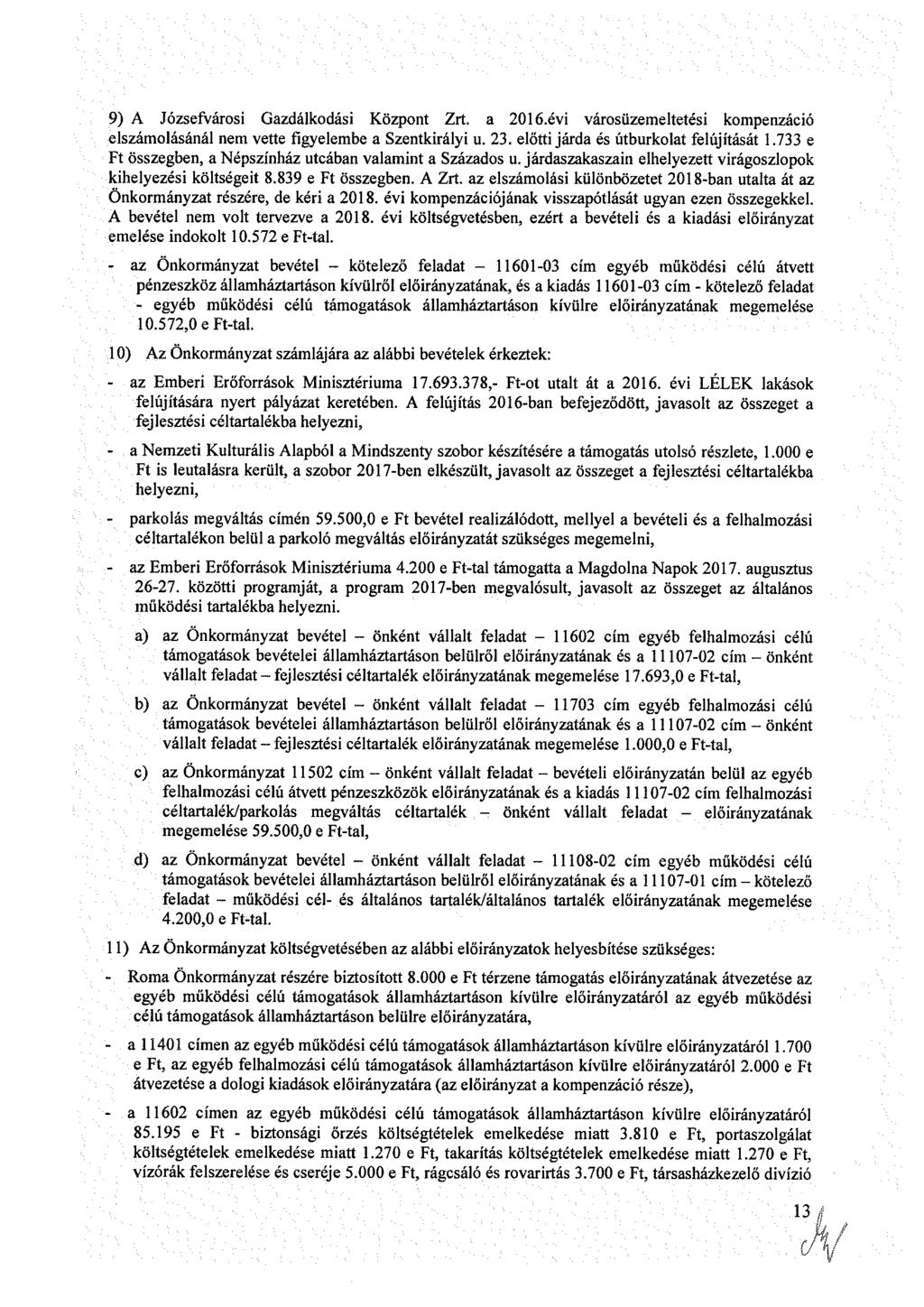 9) A Józfvár Gzdálkdá Közpnt Zrt. 206.év várüzmltté kmpnzácó lzámláánál nm vtt fgylmb zntkrály. 2. lőtt járd é útbrklt flújítáát.7 Ft özgbn, Népzínház tcábn vlmnt zázd.