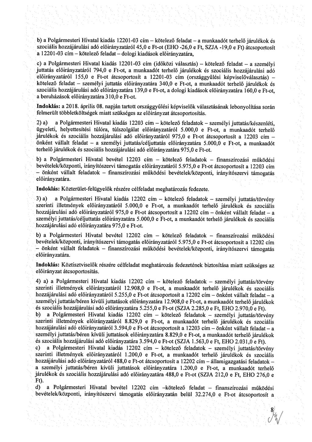 b) Plgármtr Hvtl kdá 220-0 cím - kötlző fldt - mnkdót trhlő járlékk é zcál hzzájárlá dó lőrányztáról 45,0 Ft-t (EH -26,0 Ft, ZJA -9,0 Ft) átcprtít 220-0 cím - kötlző fldt - dlg kdák lőrányztár, c)