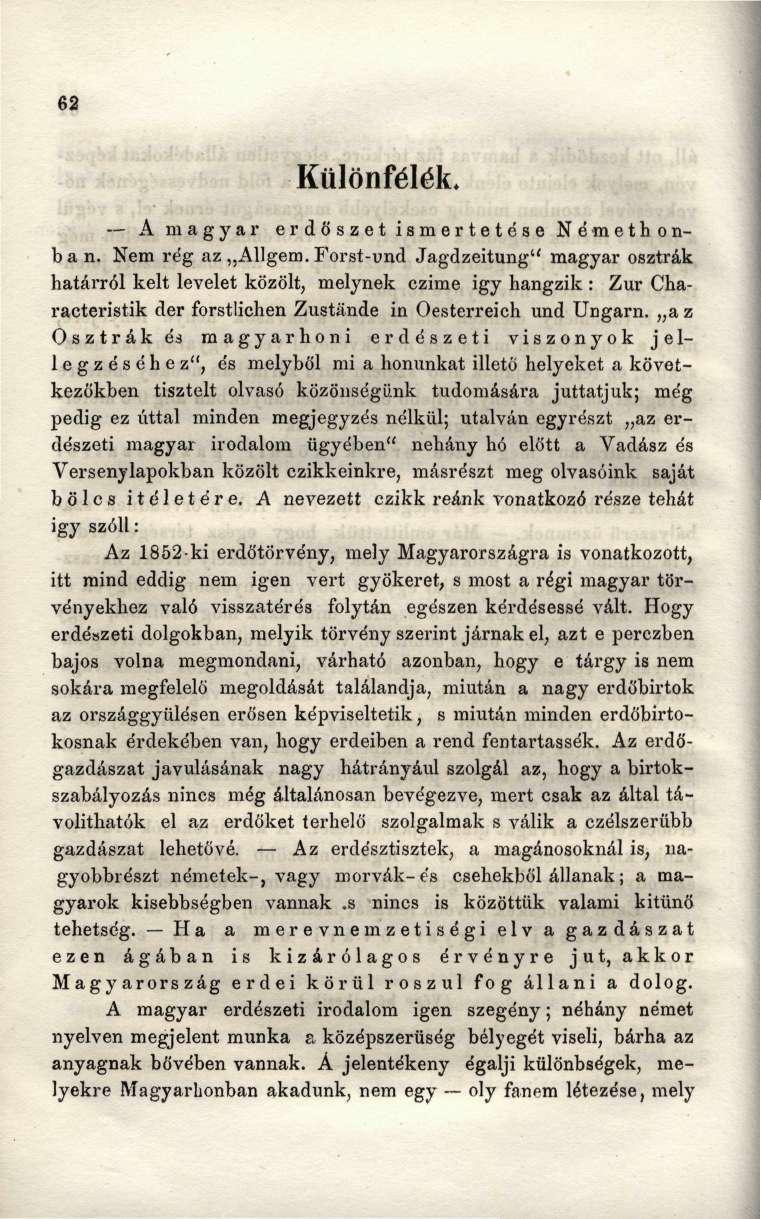 fi2 Különfélék. A magyar erdöszet ismertetése Némethonban. Nem rég az Allgem.