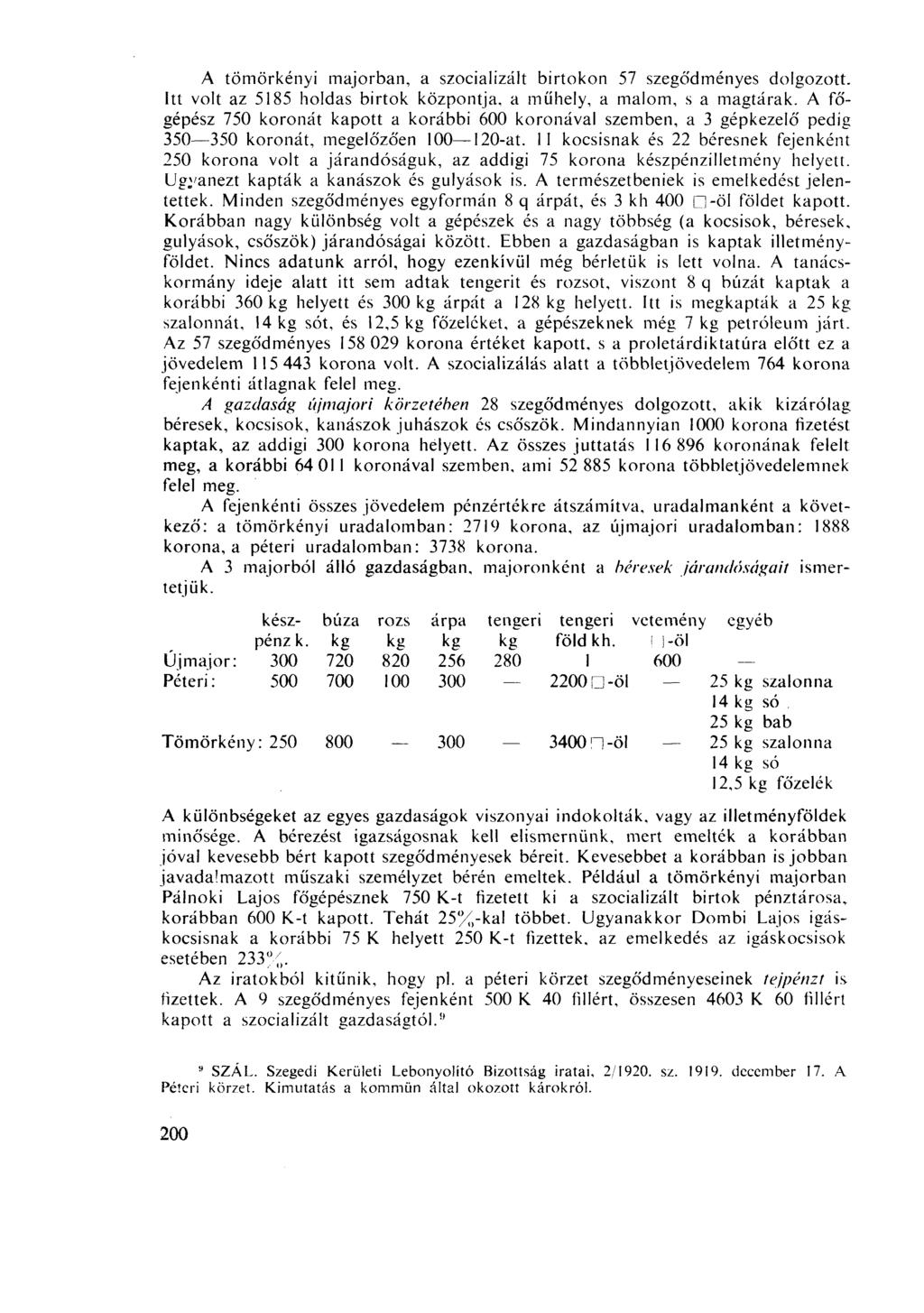 A tömörkényi majorban, a szocializált birtokon 57 szegődményes dolgozott. Itt volt az 5185 holdas birtok központja, a műhely, a malom, s a magtárak.
