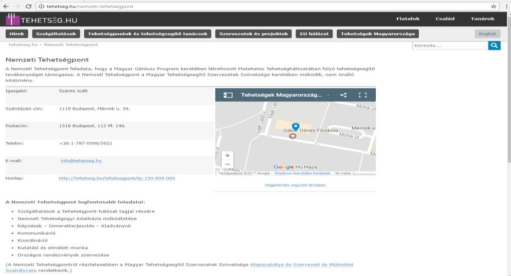 2. kép: A Nemzeti Tehetségpont elérhetőségeit tartalmazó oldal 2.