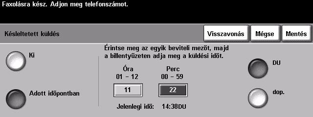 Késleltetett küldés A Késleltetett küldés beállítással adhatja meg, hogy az elkövetkezendő 24 órán belül melyik időpontban szeretné elküldeni a faxot.