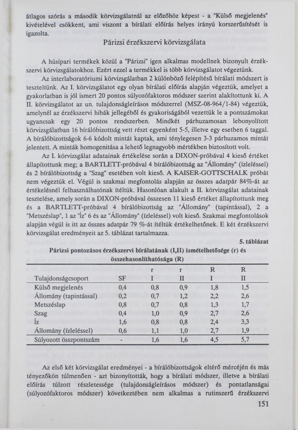 átlagos szórás a második körvizsgálatnál az előzőhöz képest - a "Külső megjelenés" kivételével csökkent, ami viszont a bírálati előírás helyes irányú korszerűsítését is igazolta.