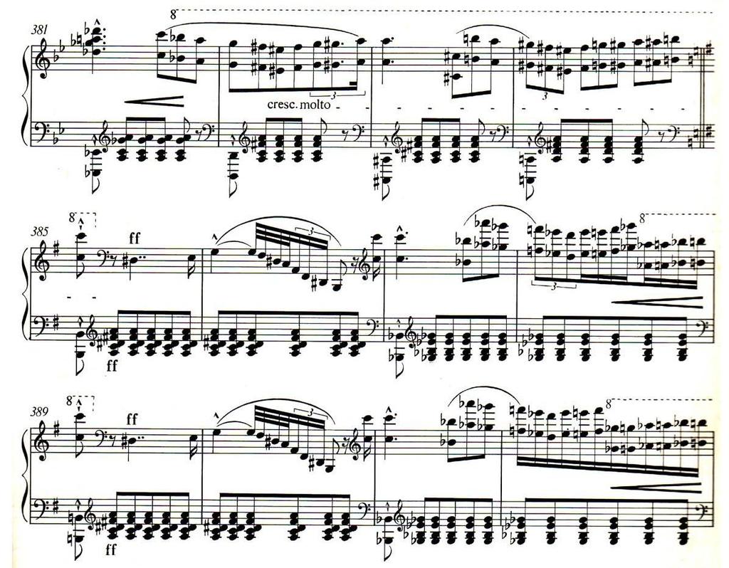 II. Interpretációk összehasonlító elemzése 91 30. kottapélda. Liszt: h-moll szonáta, 381-392. ütem A 383. ütem felső szólamban lévő, első a-oktávot és a 385.