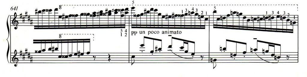 Horowitz viszont ennél a skálánál nyugodtabb tempóba érkezik, de két, a kottában nem szereplő tizenhatoddal megtoldja a futam a végét. 33. kottapélda. Liszt: h-moll szonáta, 641-643.