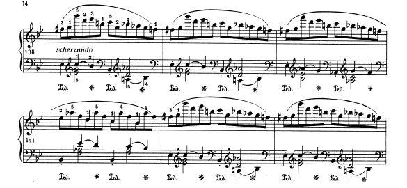 Choi Insu: Horowitz és Richter 64 17. kottapélda. Chopin: g-moll ballada, Op. 23. No. 1. 138-143. ütem A 138. ütemtől kezdődő scherzando rész Horowitz egyik legbriliánsabb megoldása ebben a műben.