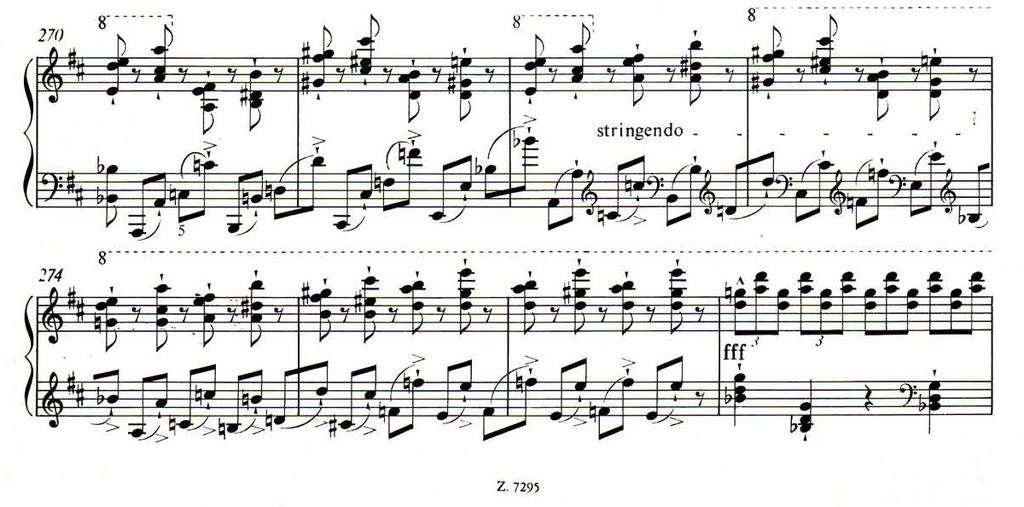 II. Interpretációk összehasonlító elemzése 85 27. kottapélda. Liszt: h-moll szonáta, 270-277. ütem Richter a 277. ütemben lévő fortisissimo akkordsorokat pedállal köti össze, a 279.