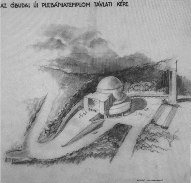 kép) Egy évvel később 1935-ben a komáromi plébániatemplom tervpályázatára pedig egy kör alaprajzú nagyméretű íves apszissal ellátott