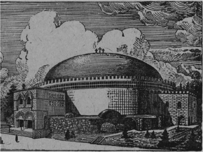kép: Molnár Farkas Magyar Szentföld templomának terve egy korabeli kiadványban, látványterv (forrás: A Magyar Szentföld tíz éve 1936-1946; kiadja a Magyar Szentföld, Budapest, 1947, 23-24.