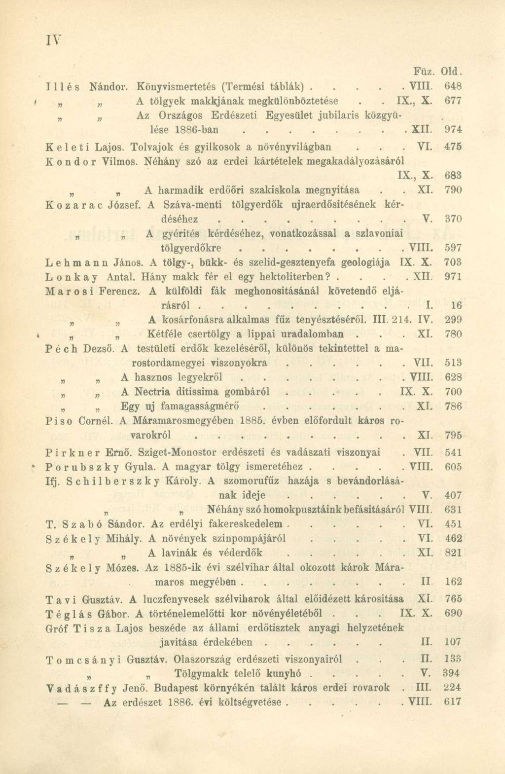 Ftiz. Old. Illés Nándor. Könyvismertetés (Termési táblák) VIII. 648 A tölgyek makkjának megkülönböztetése.. IX., X. 677 Az Országos Erdészeti Egyesület jubiláris közgyűlése 1886-ban XII.