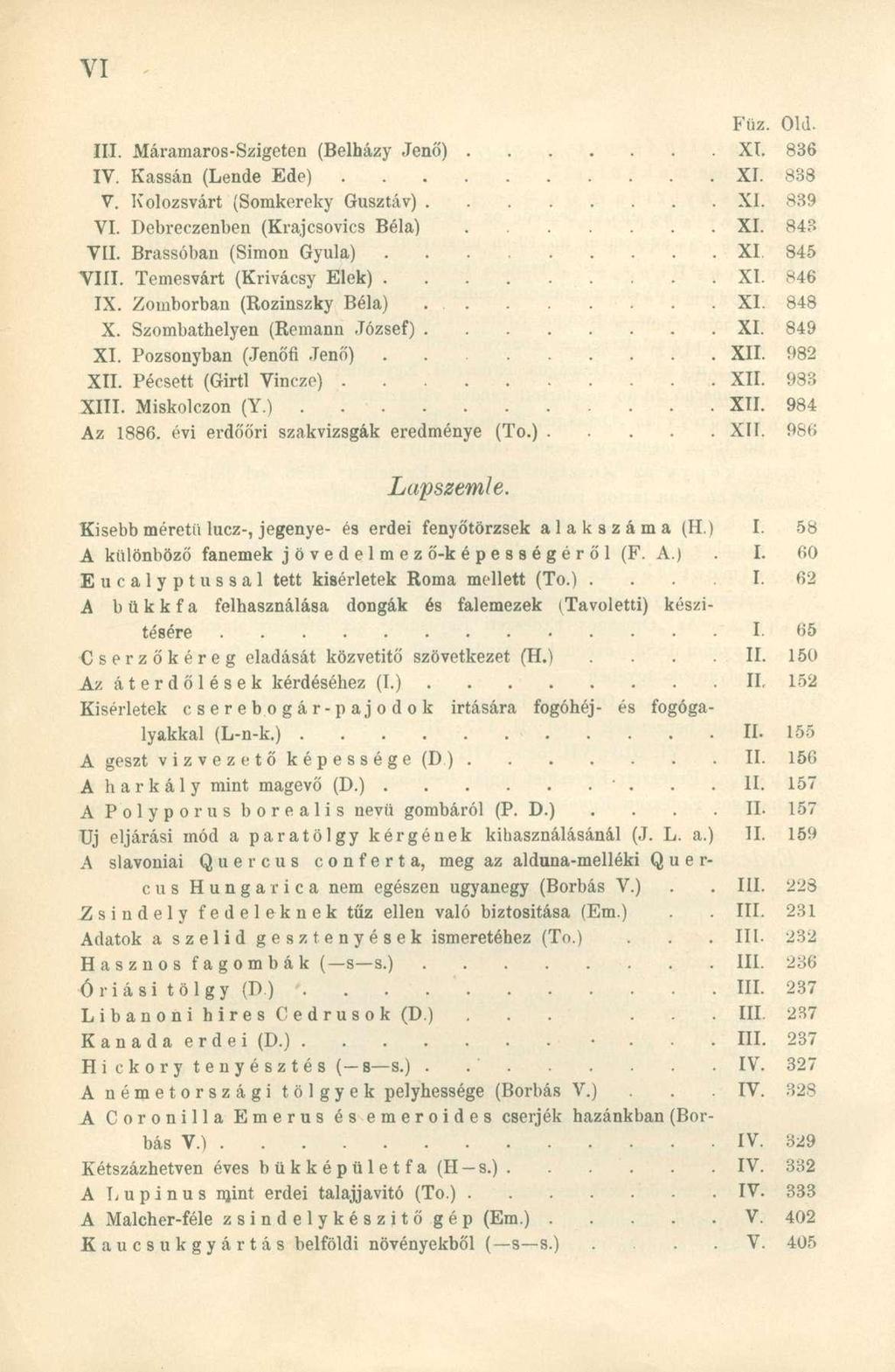Füz. Old. III. Máramaros-Szigeten (Belházy Jenő) XI. 836 IV. Kassán (Lende Ede) XI. 838 V. Kolozsvárt (Somkereky Gusztáv) XI. 839 VI. Debreczenben (Krajcsovics Béla) XI. 843 VII.