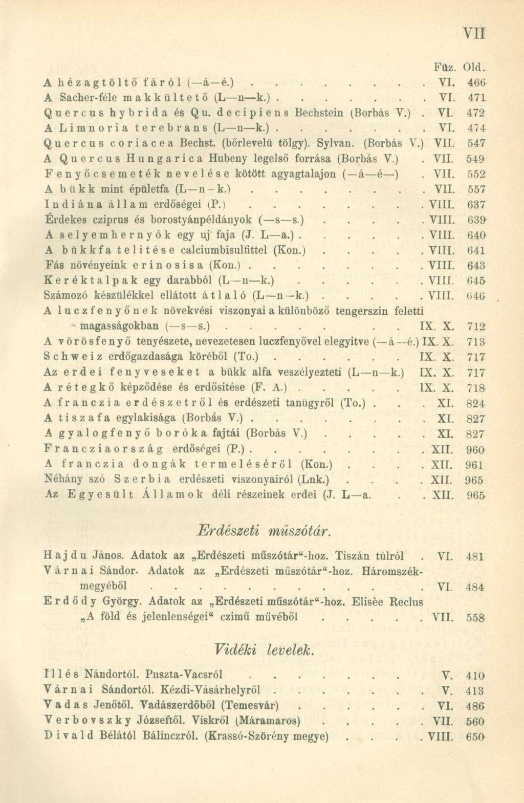 A hézagtöltő fáról ( á é.) Füz. VI. A Sacher-féle makkültető (L n k.) VI. Quercus hybrida és Qu. decipiens Bechstein (Borbás V.). VI. A Limnoria terebrans (L n k.) VI. Quercus coriacea Bechst.
