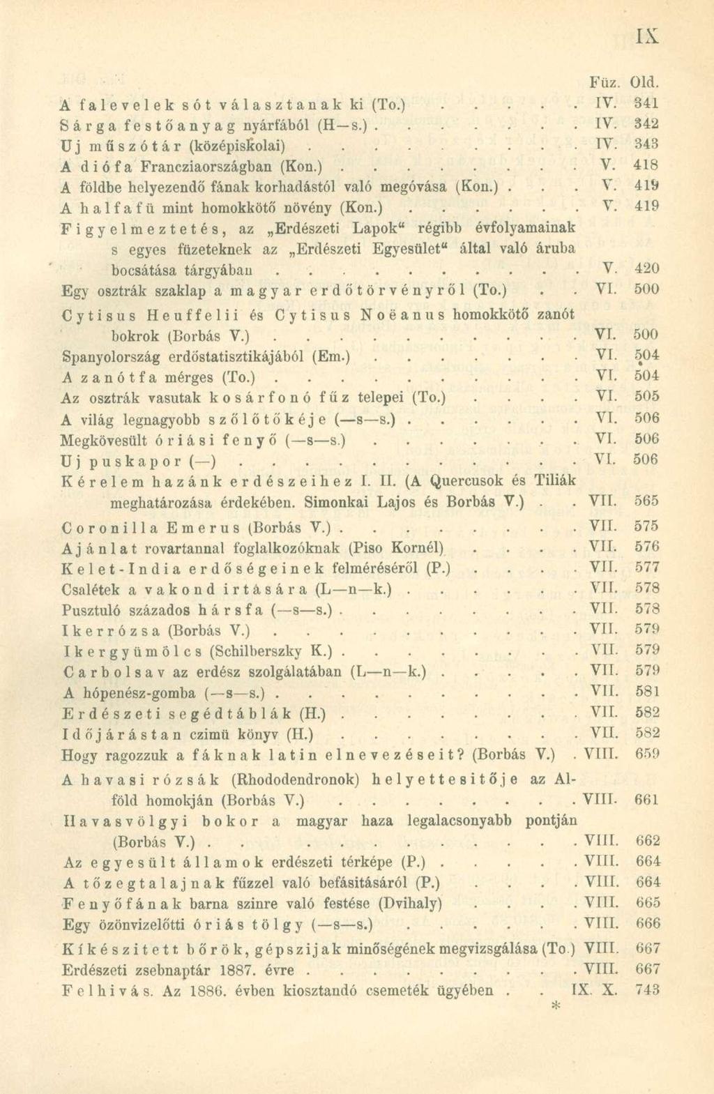 Füz. Old. A falevelek sót választanak ki (To.) IV. 341 Sárga festőanyag nyárfából (H s.) IV. 342 Uj műszótár (középiskolai) IV. 343 A diófa Francziaországban (Kon.) V.