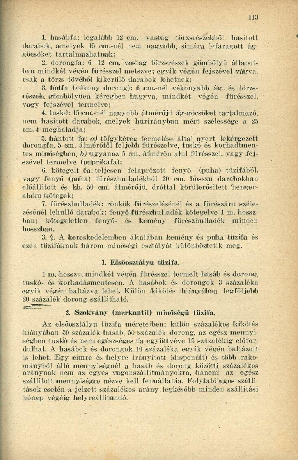 1. hasá'bfa: legalább 12 cm. vastag törzsiésfekibiőt hasított darabok, amelyek 15 cirm-nél nem nagyobb, simára lefaragott ággöcsöket tartalmazhatnak; 2. dorongfa: 6 12 onii.