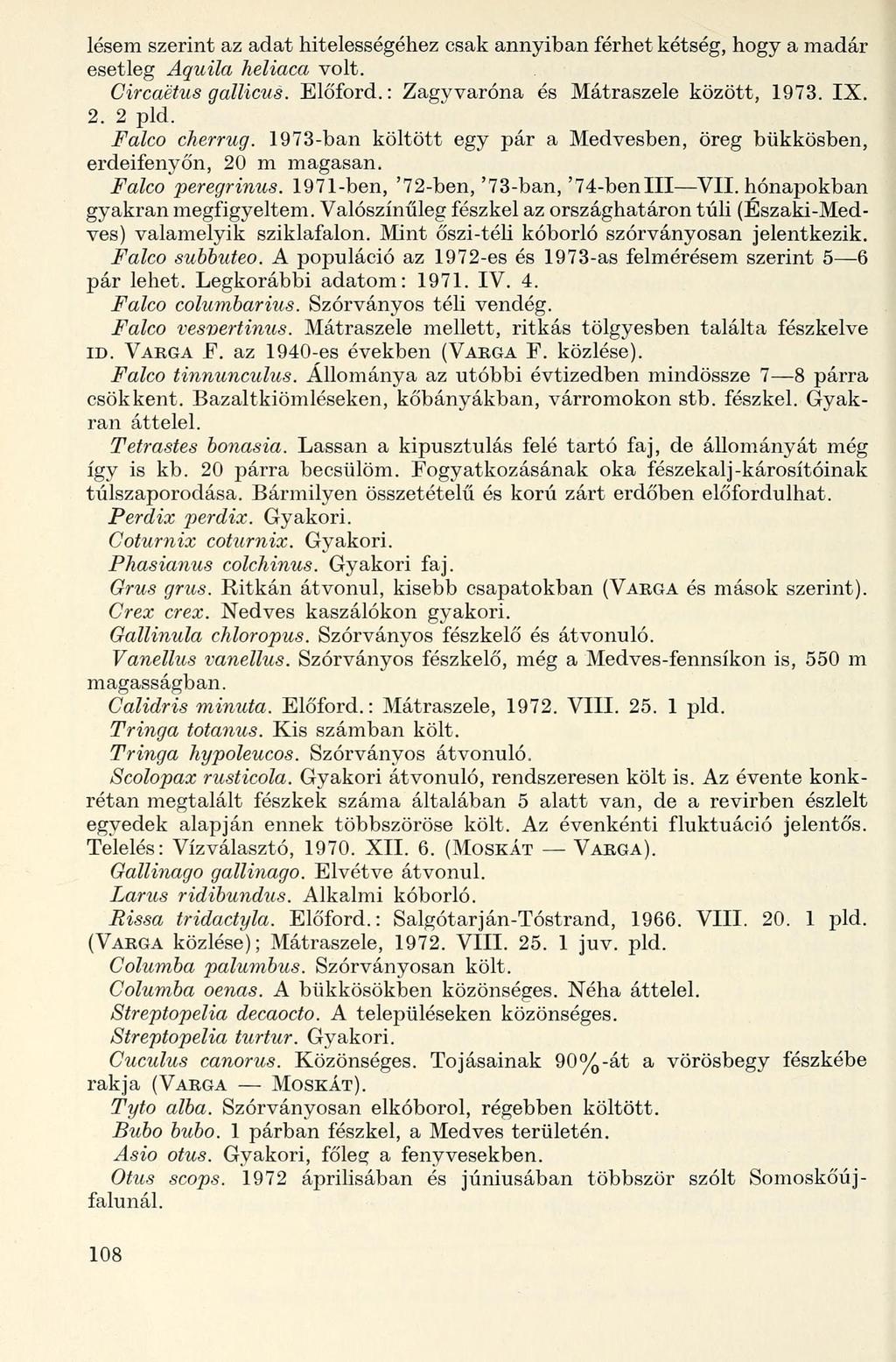 lésem szerint az adat hitelességéhez csak annyiban férhet kétség, hogy a madár esetleg Aquila heliaca volt. Circaétus gallicus. Előford.: Zagyvaróna és Mátraszele között, 1973. IX. 2. 2 pld.