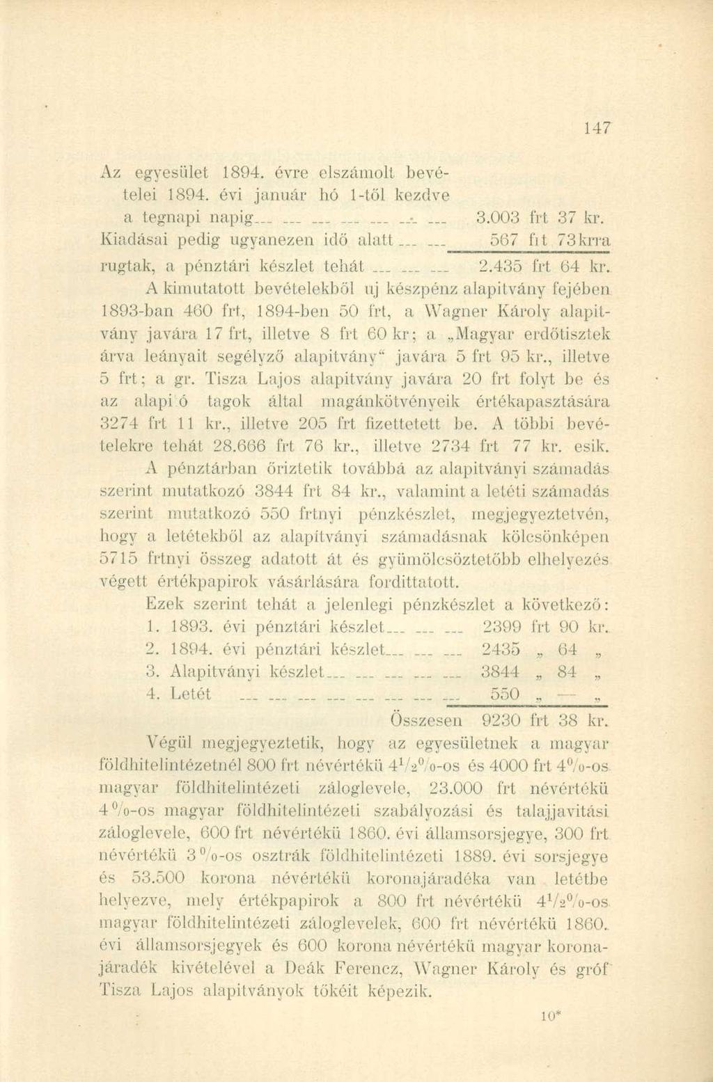 Az egyesület 1894. évre elszámolt bevételei 1894. évi január hó 1-től kezdve a tegnapi napig........... 3.003 fi-t 37 kr. Kiadásai pedig ugyanezen idő alatt.