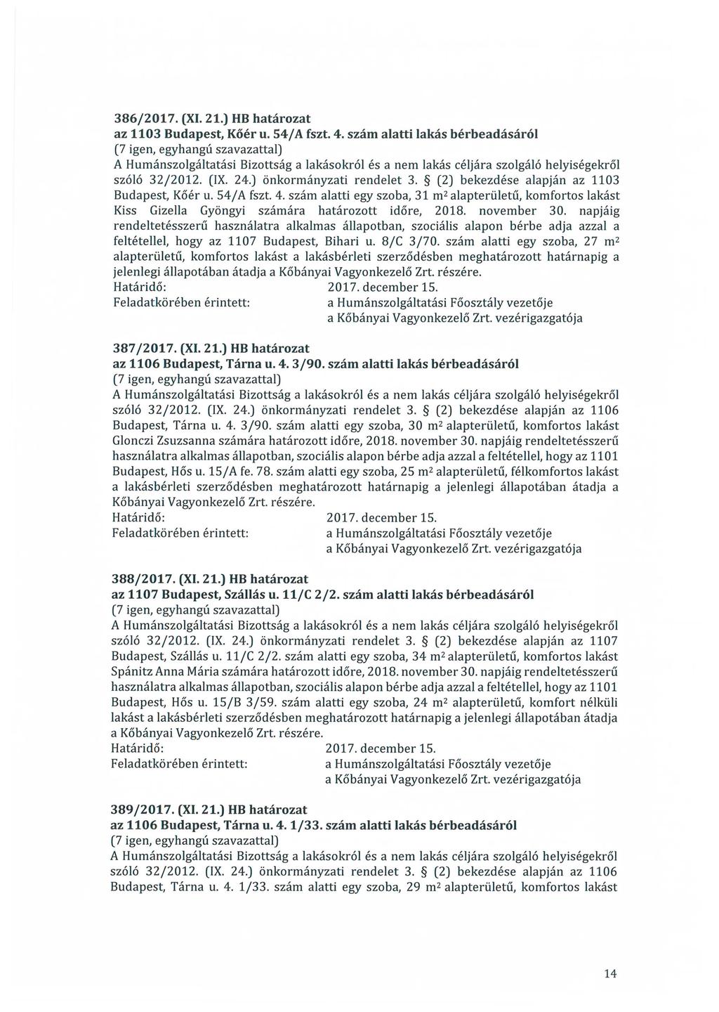 386/2017. (Xl. 21.) HB határozat az 1103 Budapest, Kőér u. 54/ A fszt. 4. szám alatti lakás bérbeadásáról szóló 32/ 2012. (IX. 24.) önkormányzati rendelet 3.