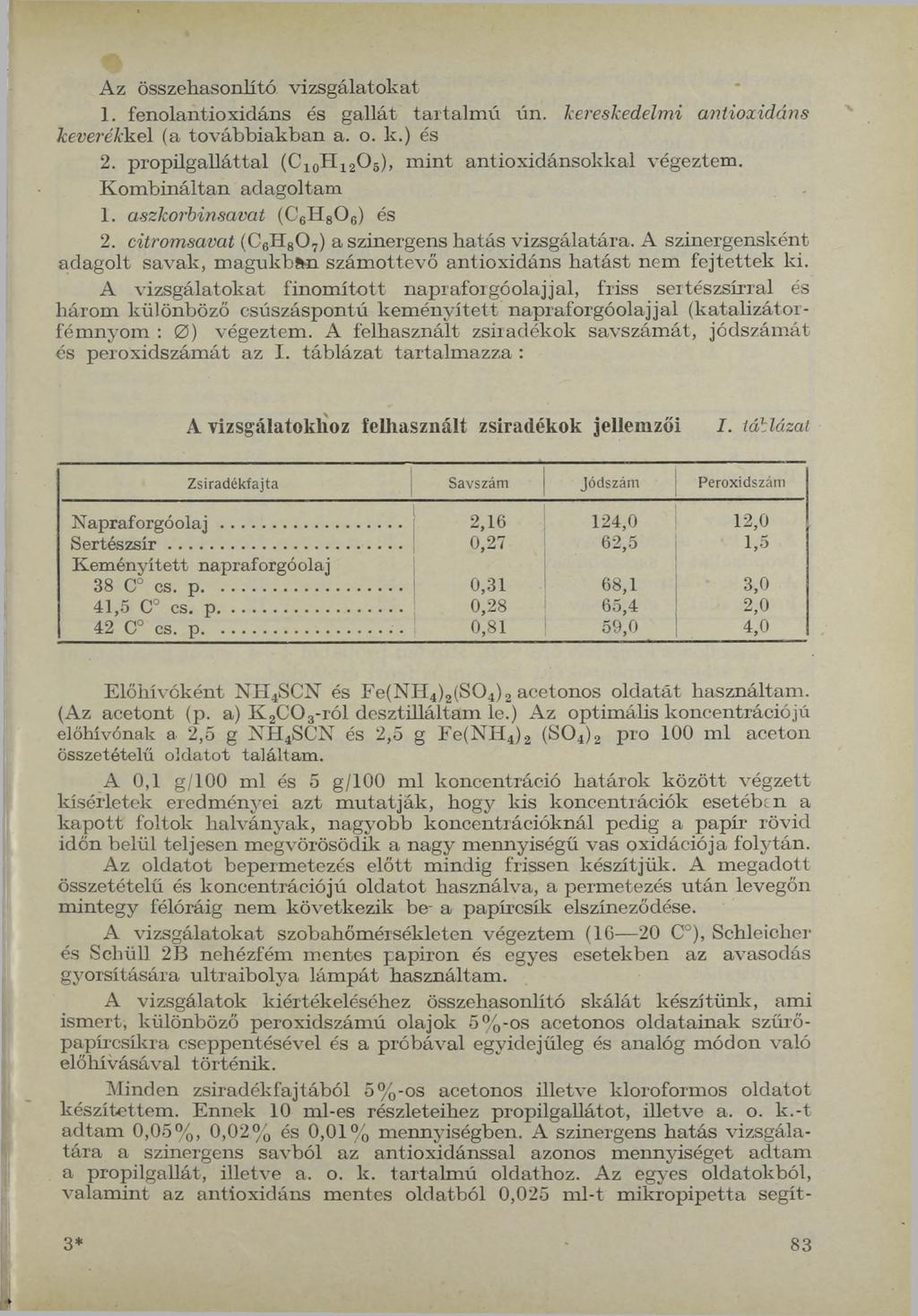 Az összehasonlító vizsgálatokat 1. fenolantioxidáns és gallát ta rta lm ú ún. kereskedelmi cmtioxidáns keverékkel (a továb b iak b an a. o. k.) és 2.