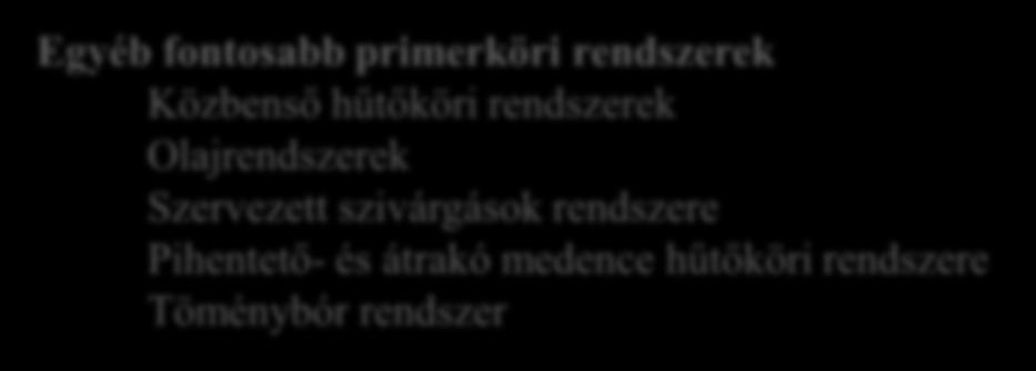Egyéb fontosabb primerköri rendszerek Közbenső hűtőköri rendszerek Olajrendszerek Szervezett