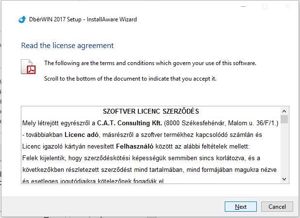 6. A megjelenő szerződést a Next gombbal elfogadhatja, ha legörgette és elolvasta (a NEXT