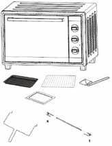 1 - Knob for adjusting temperature. 2 - Knob for selecting the function. 3 - Knob for setting baking time 4 - Functioning pilot light. 5 - Baking tin. 6 - Grill. 7 - Tong for Baking tin / grill.