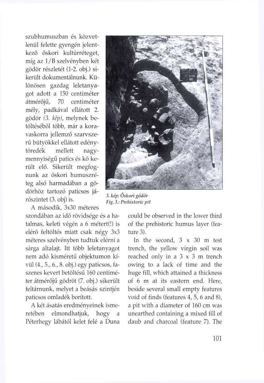 szubhumuszban és közvetlenül felette gyengén jelentkező őskori kultúrréteget, míg az 1/B szelvényben két gödör részletét (1-2. obj.) sikerült dokumentálnunk.