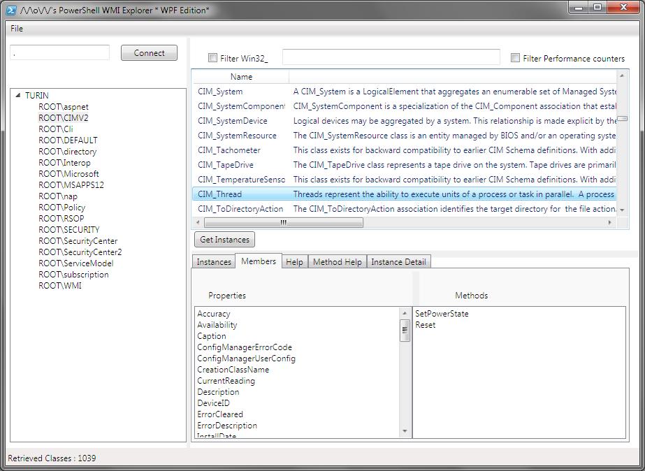 10. ábra: PowerShell WMI Explorer WPF Edition Itt ki lehet listázni az egyes névterekben szereplő osztályokat, azok részletes leírását, valamint le lehet kérdezni a példányaikat.