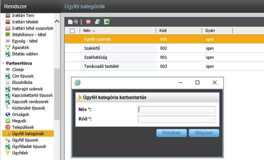 Az említett menüpontban bővíthetjük a partnerrögzítéskor kiválasztó kategóriákat.