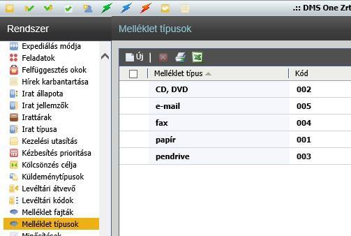Melléklet típusok Ebben a menüpontban az iktatási felületeken