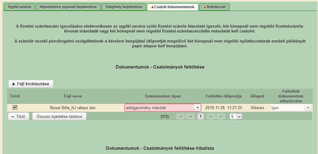 A feltöltés után meg kell jelölni a csatolt dokumentum típusát (pl.