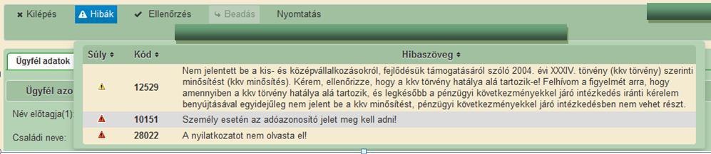 Hibák A képernyő bal felső sarkában látható Hibák funkciógomb megnyomására a kérelem hibalistája jelenik meg, amely a bizonylat valamennyi hibáját és figyelmeztető üzenetét tartalmazza.