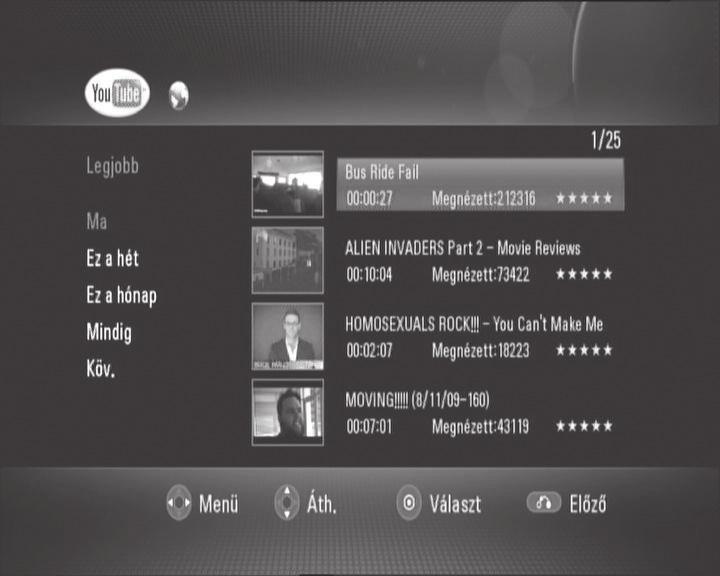 A v/v/b/b gombokkal válassza ki a kívánt időszakot és nyomja meg az OK gombot a választott időszakra eső videók megjelenítéséhez. A BACK gomb megnyomásával visszatérhet a YouTube menü képernyőre.