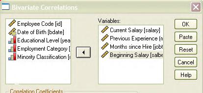 Analyze / Correlate / Bivariate 0 < I r I<0,3