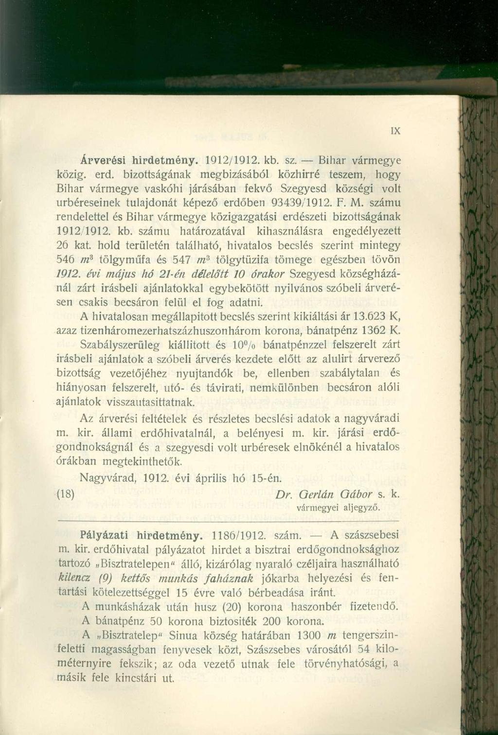 Árverési hirdetmény. 1912/1912. kb. sz. Bihar vármegye közig. erd.