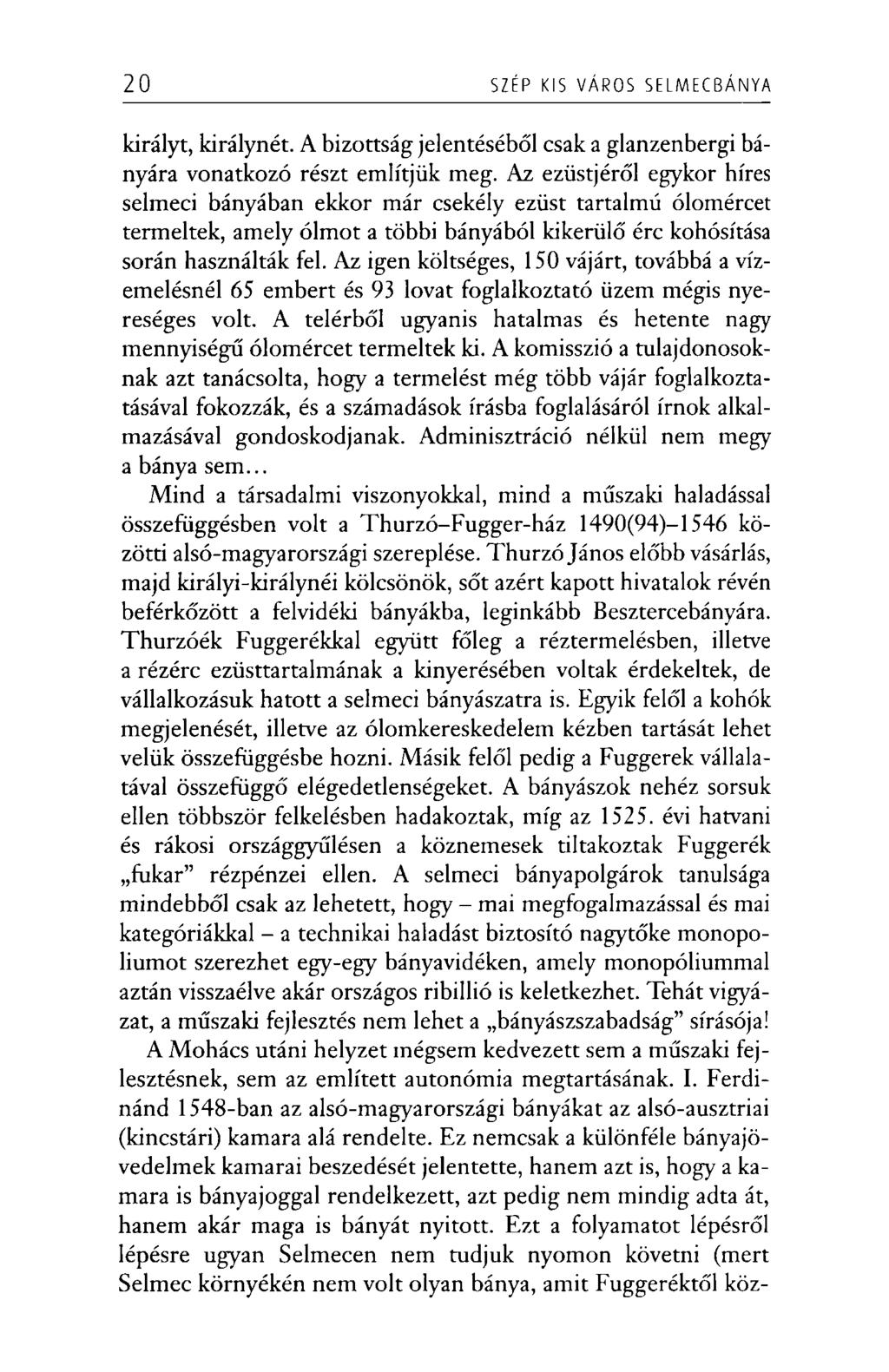 20 SZÉP KIS VÁROS SELMECBÁN YA királyt, királynét. A bizottság jelentéséből csak a glanzenbergi bányára vonatkozó részt említjük meg.