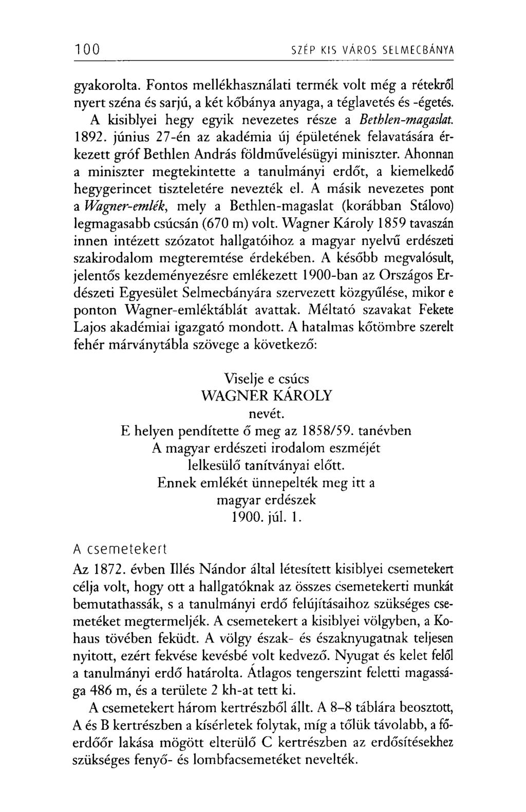 100 SZÉP KIS VÁROS SELMECBÁNYA gyakorolta. Fontos mellékhasználati termék volt még a rétekről nyert széna és sarjú, a két kőbánya anyaga, a téglavetés és -égetés.