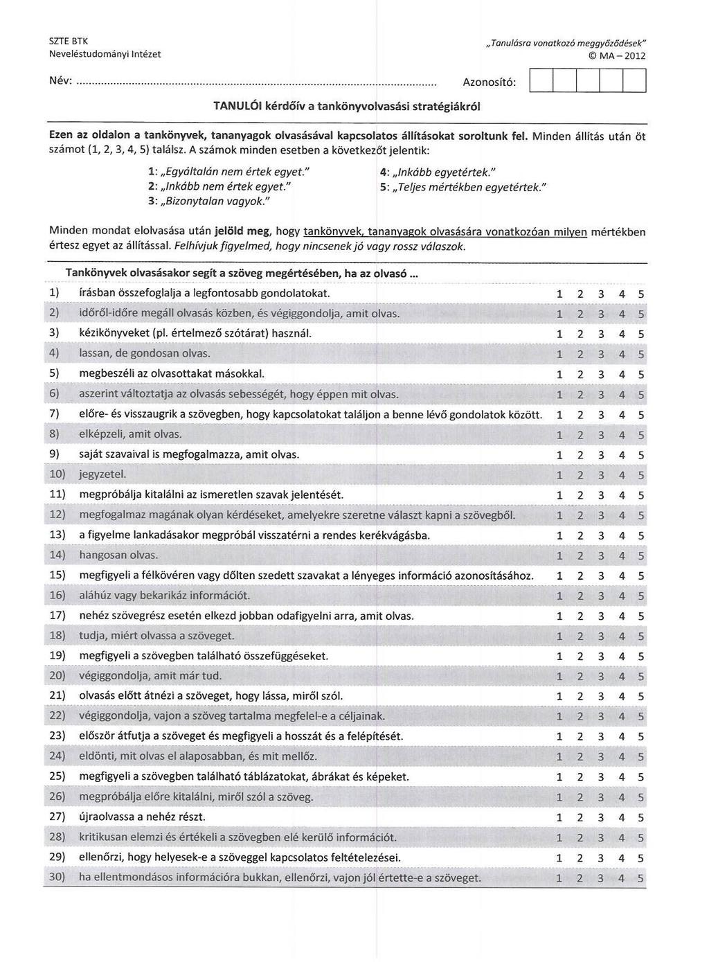 5. melléklet: Tanulói kérdőív a