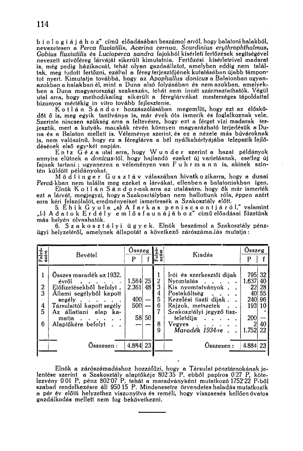 114 biologiájához" című előadásában beszámol arról, hogy balatoni halakból, nevezetesen a Perca fluviatilis, Acerina cernua, Scardinius erythrophthalmus, Gobius fluviatilis és Lucioperca sandra