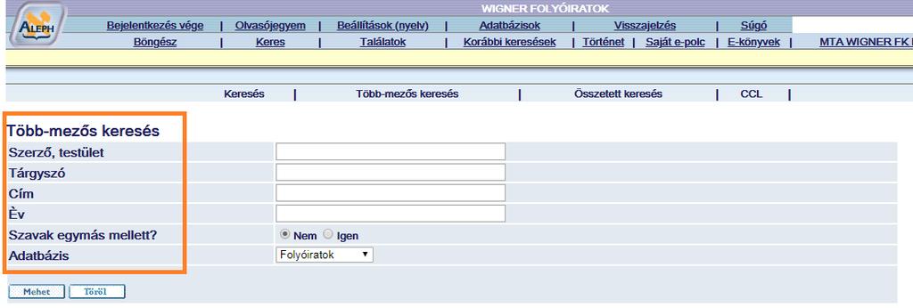 Több-mezős keresés: Ha a több-mezős keresést választjuk, az alábbi mezőkben kereshetünk egyszerre: Összetett és CCL keresés: Az