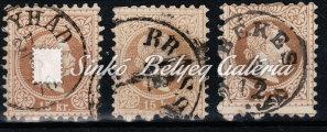Typography 3 krajcár stamp's green and blue-green colored versions with Hungarian cancellation. 1867.