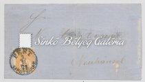 Kőnyomat 10 krajcáros bélyeg, eredeti gumizással, jobb oldalán fogazás nélkül, vágva. Kék színű. (250 000 HUF) / 1871.