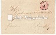 pink colored 5 krajcár litography stamp on the back with strongly defective perforation. FRANCO title on the left side. 1871.09.02. Távolsági levél Nagyvárad/város és Pest között.