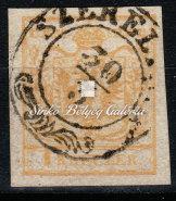 , dark orange printing on handmade paper with ARAD cancellation. Kikiáltási ár: 8.000 Ft 1850. Könyvnyomat 1 krajcáros bélyeg, II. típusú, géppapíron.