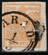 , yellow printing on machine-made paper with PRESSBURG cancellation. Kikiáltási ár: 8.000 Ft 1850. Könyvnyomat 1 krajcáros bélyeg, III.
