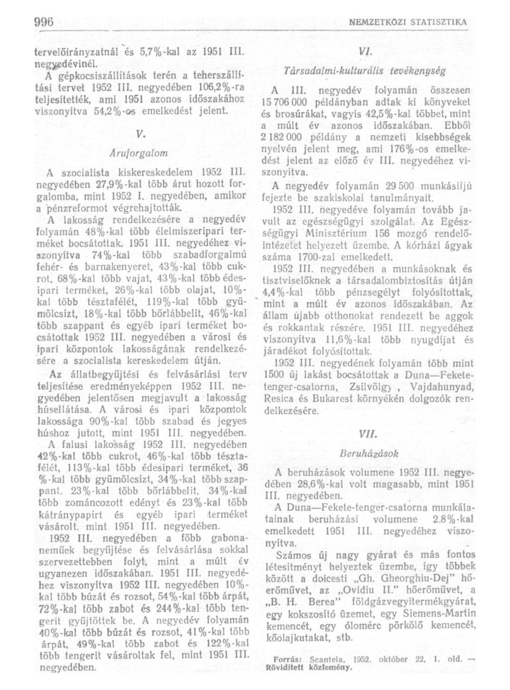 tervelőirányzatnál és 5,7%-kai az 1951 III. negyedévinél. A gépkocsiszállítások terén a teherszállítási tervet 1952 III.