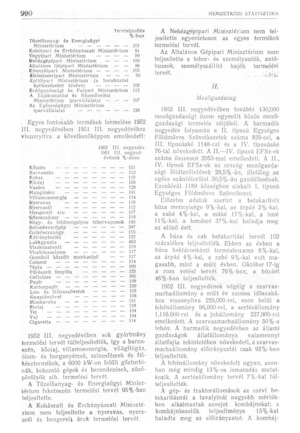 Tervteljesítés %-ban Tüzelőanyag- és Energiaügyi Minisztérium 101 Kohóipari és Ércbányászati Minisztérium 91 Vegyipari Minisztérium 99 Nehézgéplpari Minisztérium 100 Altalános Gépipari Minisztérium