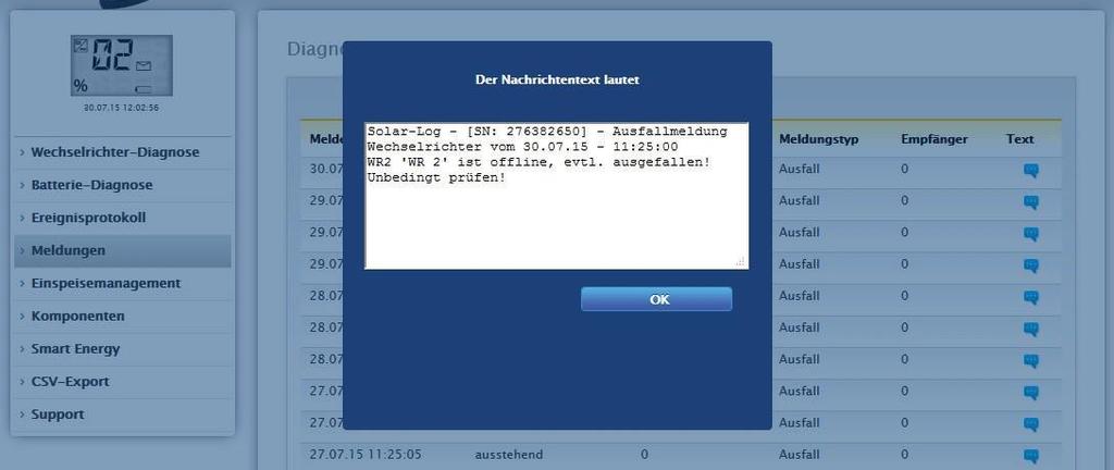 Megjegyzés: A megjegyzés részben lehetősége van, a Solar-Log által küldött üzenet megtekintésére. Figyelmeztetés!