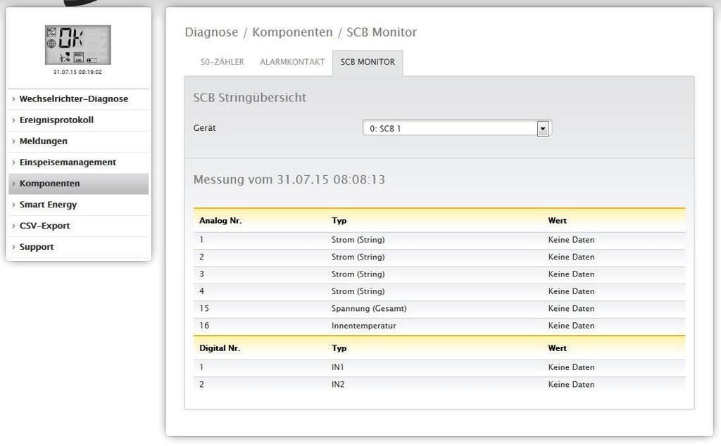 2.12.4 SCB Monitor (csak Solar-Log 2000) Az SCB Monitor funkció indításához menjen a diagnózis tartozékok SCB monitor menüpontba.