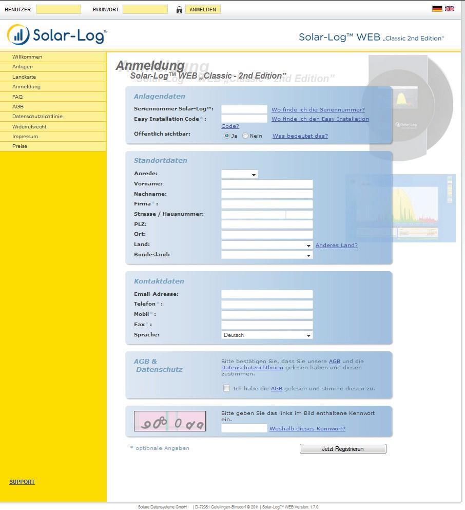 Solar-Log WEB használat Válassza a Bejelentkezést a baloldali menüszalagon. A regisztrációs űrlap megjelenik. Ábra: C2-Regisztráció Adja meg készülékének sorozatszámát.
