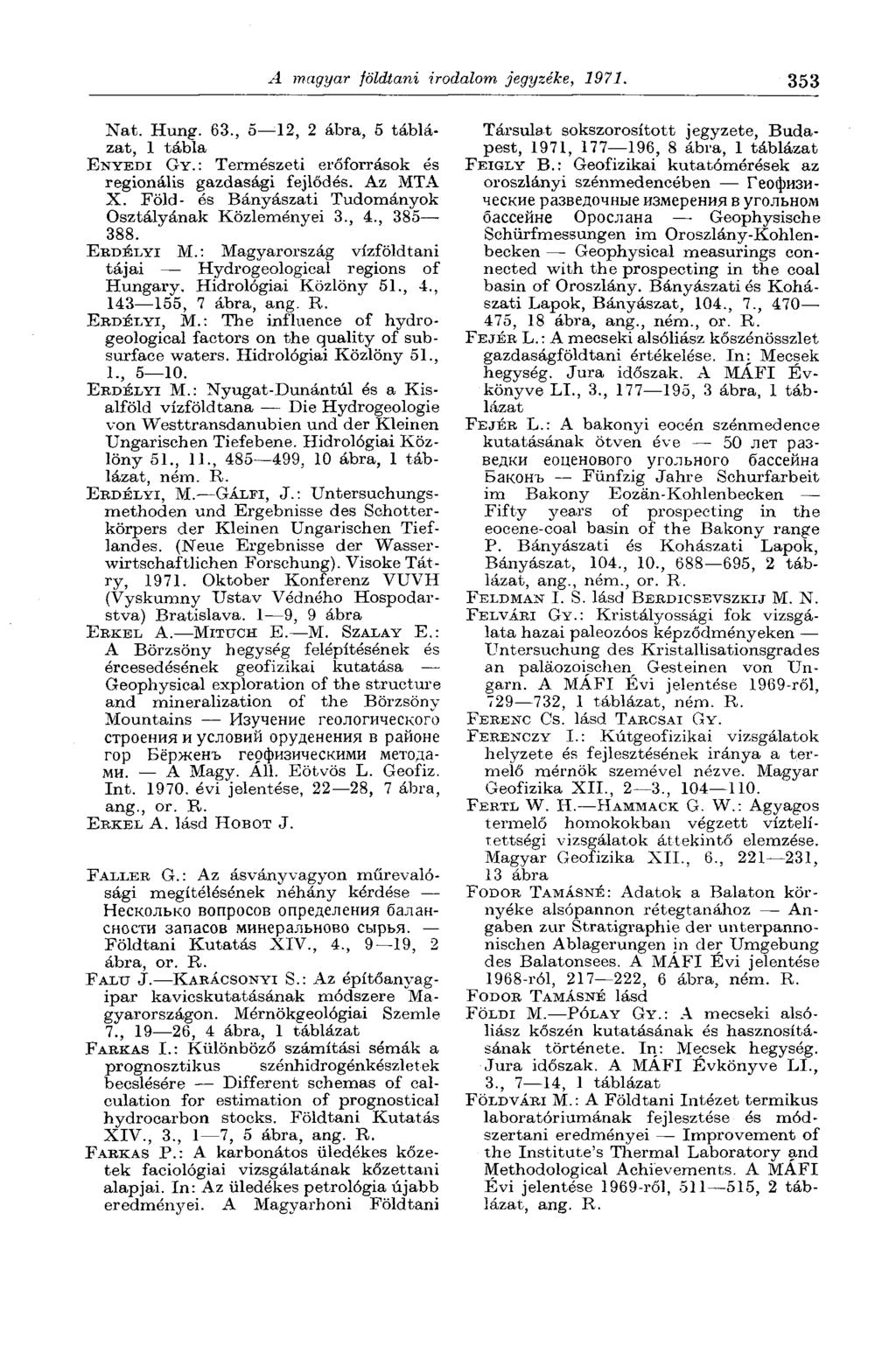 A magyar földtani irodalom jegyzéke, 1971. 353 Nat. Hung. 63., 5 12, 2 ábra, 5 táblázat, 1 tábla ENYEDI GY. : Természeti erőforrások és regionális gazdasági fejlődés. Az MTA X.